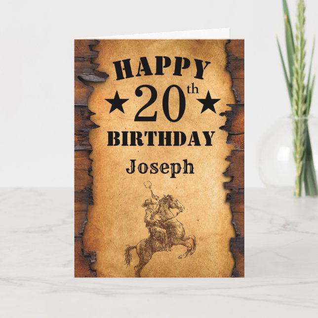 Cartão 20 Birthday Rustic Country Western Cowboy Horse (Frente)