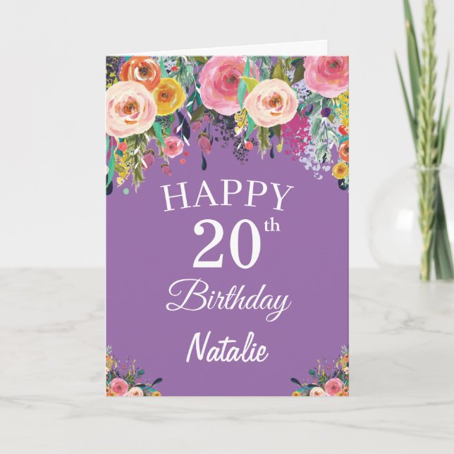 Cartão 20 Birthday Watercolor Floral Flowers Roxo (Frente)