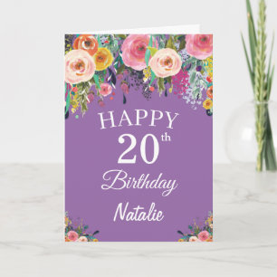 Cartão 20 Birthday Watercolor Floral Flowers Roxo