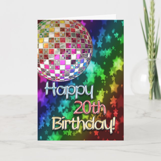 Cartão 20o aniversário com bola do disco e arco-íris das (Frente)