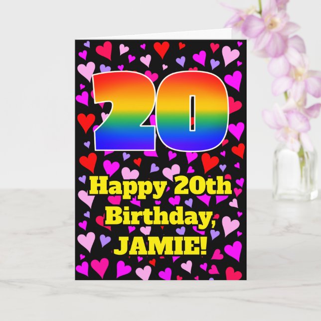 Cartão 20th Birthday: Loving Hearts Pattern, Rainbow # 20 (Orquídea)