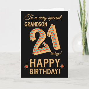 Cartão 21st Birthday, for Grandson, Gold Effect on Black