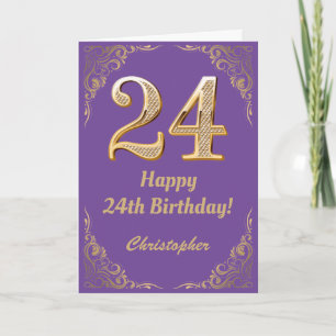 Cartão 24.º aniversário, Roxo e Dourado quadro de brilho