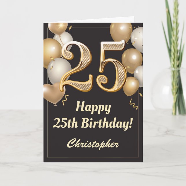 Cartão 25 Birthday Black and Dourado Balloons Confetti (Frente)