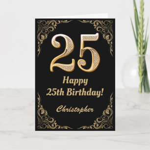 Cartão 25 Birthday Black and Dourado Glitter Frame