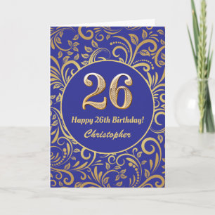 Cartão 26º Aniversário Marinho Azul e Dourado Padrão F