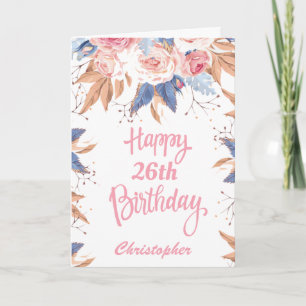 Cartão 26.º Aniversário Aquarela Cor Botânica Rosa Floral