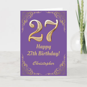 Cartão 27.º aniversário, Roxo e Dourado quadro de brilho