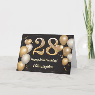 Cartão 28º aniversário Balões Negros e Dourados Aniversár