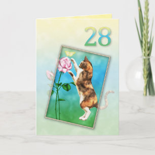Cartão 28º Aniversário com um gato brincalhão