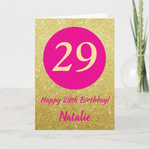 Cartão 29º aniversário feliz, rosa quente e Dourado brilh