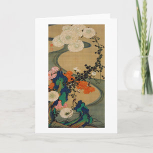 Cartão 29. 菊花流水図, crisântemo do 若冲 & córrego, Jakuchū