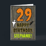Cartão 29.o aniversário: Tema do Dia das Bruxas, Nome Per<br><div class="desc">A frente deste design de cartão de saudação temático assustador e assustador Hallowe'en apresenta um grande número "29". Também apresenta a mensagem "FELIZ ANIVERSÁRIO" e um nome editável. Há também representações de um fantasma e um morcego na frente. O dentro apresenta uma mensagem de saudação de aniversário personalizada, ou talvez...</div>