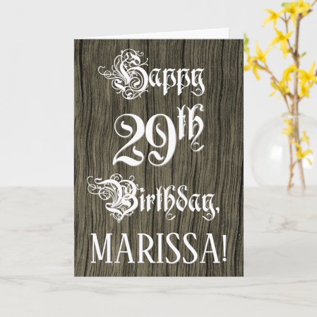 Cartão 29th Birthday: Fancy, Elegant Text; Faux Wood Look (Flor Amarela)