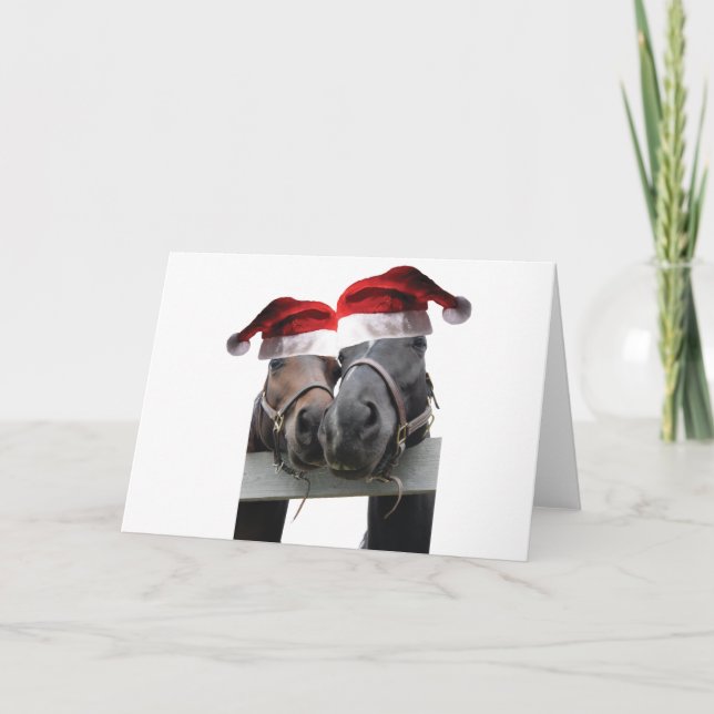 Cartão 2 cavalos usando chapéus de Papai Noel (Frente)
