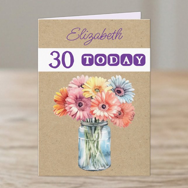 Cartão 30º gerberas flores roxas aniversário de qualquer  (Criador carregado)