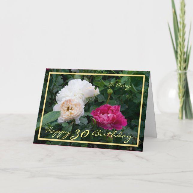 Cartão 30 Bday Amy Cream Rosas Rosa Elegantes Quadro Dour (Frente)