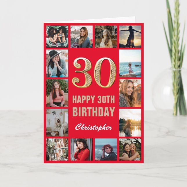 Cartão 30 Happy Birthday Red and Dourado Photo Collage (Frente)