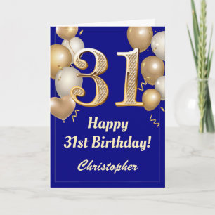 Cartão 31º Aniversário Marinho Azul e Dourado Balões Conf