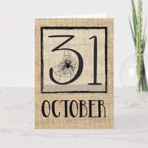 Cartão 31 de outubro de Halloween, aranha em Burlap Look