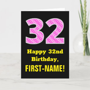 Cartão 32nd Birthday: Pink Stripes and Hearts "32" + Name