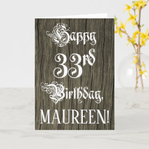 Cartão 33.o Aniversário: Rico, Texto Elegante; Faux Wood