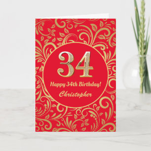 Cartão 34º Aniversário, Vermelho e Dourado Padrão Flor