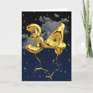 Cartão 34.º Aniversário do Balão Mylar Dourado e do Ca