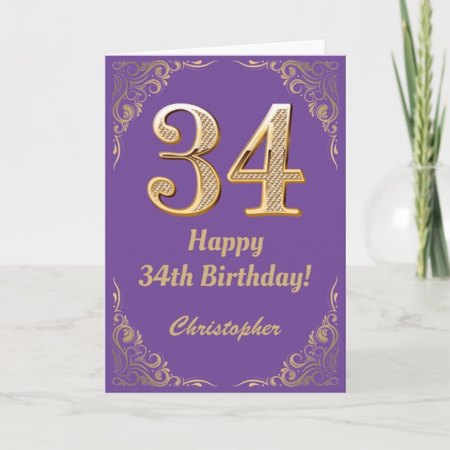 Cartão 34.º aniversário, Roxo e Dourado quadro de brilho (Frente)