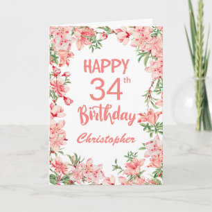 Cartão 34.o Aniversário Pêmonas Rosa Pêssegos Aquarela