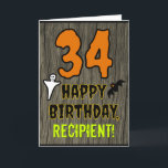 Cartão 34.o Aniversário: Tema do Dia das Bruxas, Nome Per<br><div class="desc">A frente deste design de cartão de saudação temido de aniversário de Halloween assustador e assustador apresenta um grande número "34", juntamente com a mensagem "FELIZ ANIVERSÁRIO", e um nome personalizado. Há também representações de um fantasma e um morcego na frente. O dentro apresenta uma mensagem de saudação de aniversário...</div>