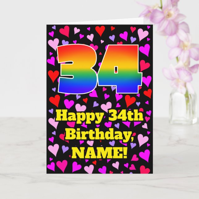 Cartão 34th Birthday: Loving Hearts Pattern, Rainbow # 34 (Orquídea)