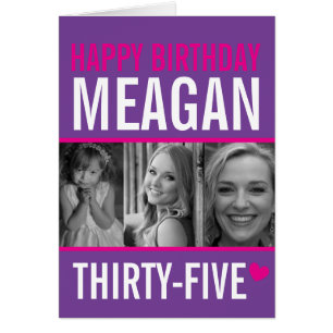 Cartão 35.º aniversário 3 fotos brancas roxas rosa quen