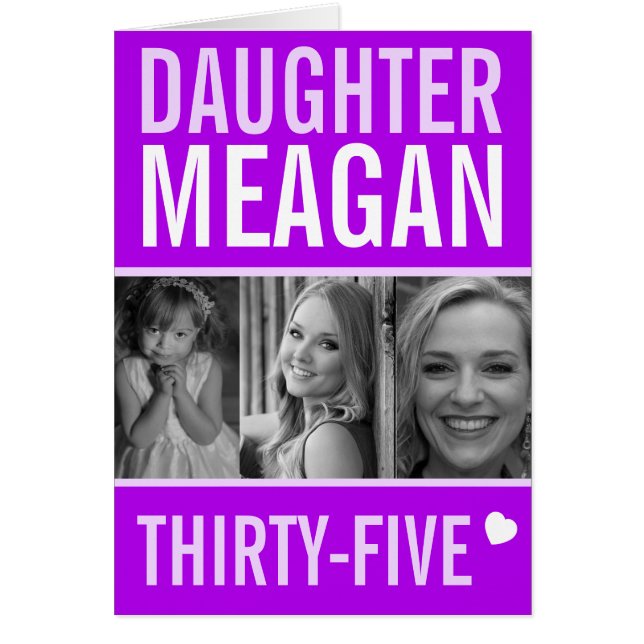Cartão 35 anos 3 fotos, 3 fotos, filha roxa (Frente)
