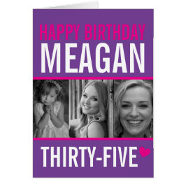 Cartão 35 anos 3 fotos rosa forte branco roxo