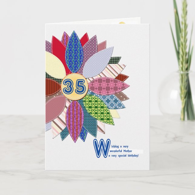 Cartão 35.o aniversário para a mãe, flor costura (Frente)