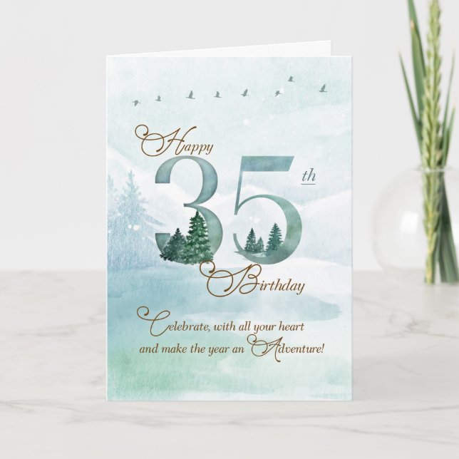 Cartão 35th Birthday Evergreen Pines and Deer Nature (Frente)