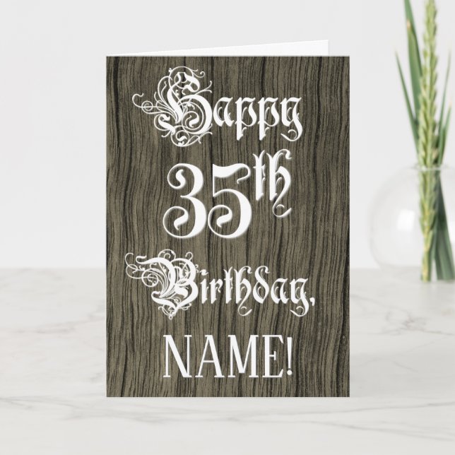 Cartão 35th Birthday: Fancy, Elegant Text; Faux Wood Look (Frente)