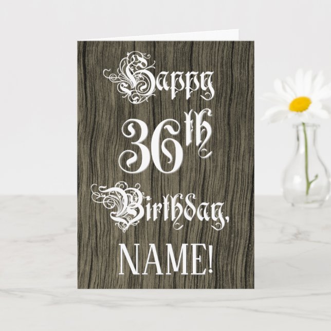 Cartão 36th Birthday: Fancy, Elegant Text; Faux Wood Look (Planta pequena)