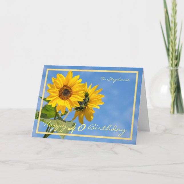 Cartão 40º Bday Stephanie Sunflower Elegante Quadro Doura (Frente)