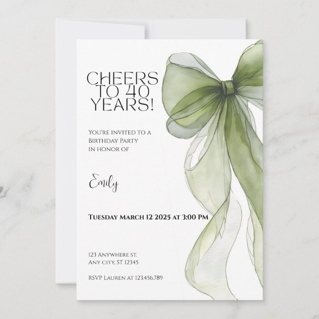 Cartão 40th Birthday Invitation • Green Bow Milestone (Frente)