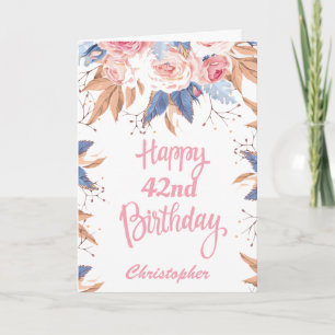 Cartão 42º Aniversário Aquarela Cor Botânica Rosa Floral