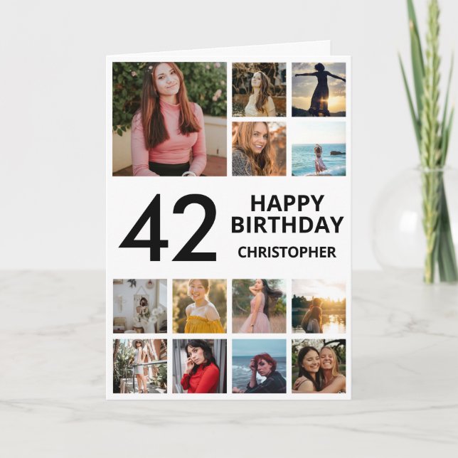 Cartão 42º Aniversário Colagem de Fotos 13 Fotos Preto Br (Frente)