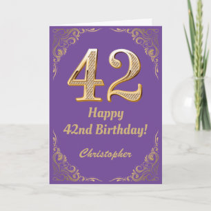 Cartão 42º Aniversário, Roxo e Dourado Quadro de Literatu