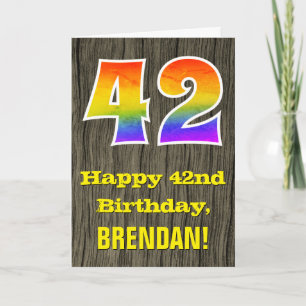Cartão 42º Aniversário: Rustic Faux Wood Look, Rainbow "4