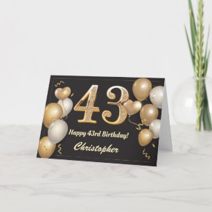 Cartão 43º aniversário Balões Dourados e negros Aniver