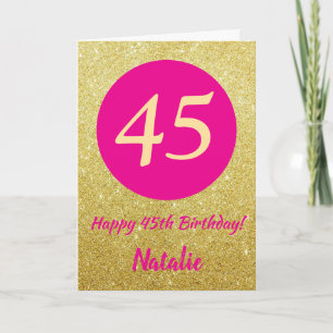 Cartão 45º aniversário feliz, rosa quente e Dourado bri