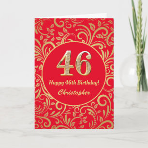 Cartão 46º Aniversário, Vermelho e Dourado Padrão Floral
