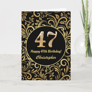 Cartão 47.º Aniversário Padrão Floral Dourado e Preto