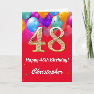 Cartão 48.º Aniversário Balões Vermelhos e Dourados Color